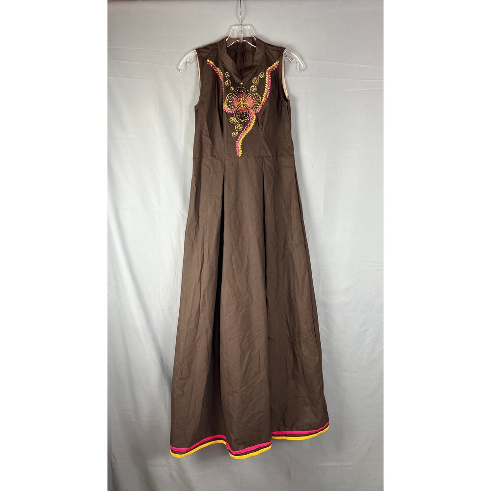Women Maxi Dress XS Brown Floral Embroidered Back Zip Trim Hemline Boho Festival